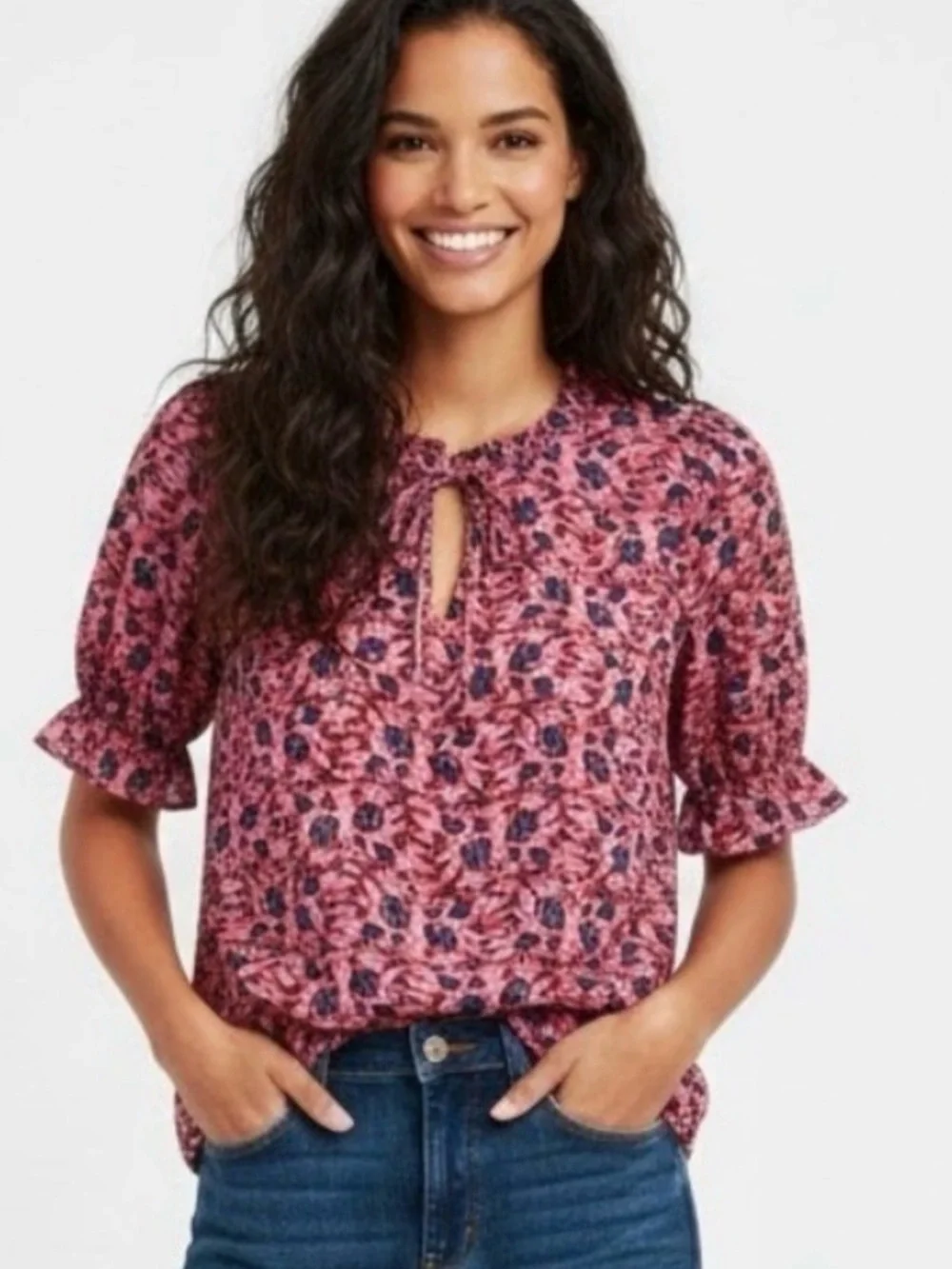 JCrew Pink Floral V-Neck Blouse - Women